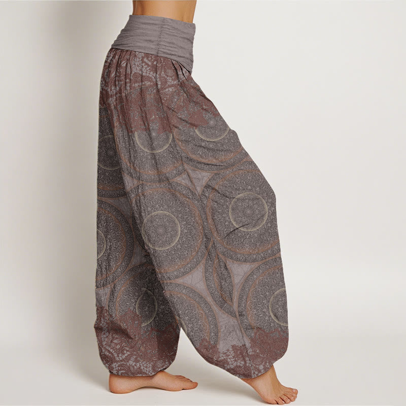 Pantaloni harem da donna con elastico in vita, in puro cotone, con motivo a bussola e fiori casual, motivo Buddha Stones
