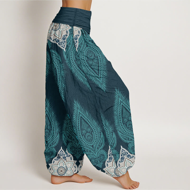 Pantaloni harem da donna con elastico in vita, in puro cotone, casual, con motivo a fiori e piume, motivo Buddha Stones