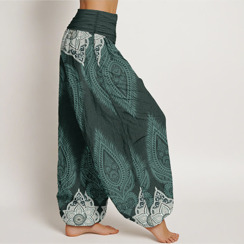 Pantaloni harem da donna con elastico in vita, in puro cotone, casual, con motivo a fiori e piume, motivo Buddha Stones