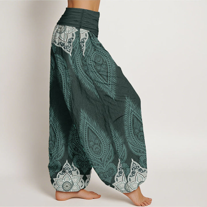 Pantaloni harem da donna con elastico in vita, in puro cotone, casual, con motivo a fiori e piume, motivo Buddha Stones