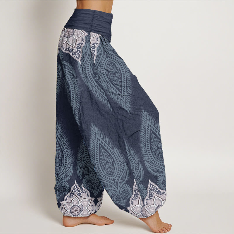 Pantaloni harem da donna con elastico in vita, in puro cotone, casual, con motivo a fiori e piume, motivo Buddha Stones