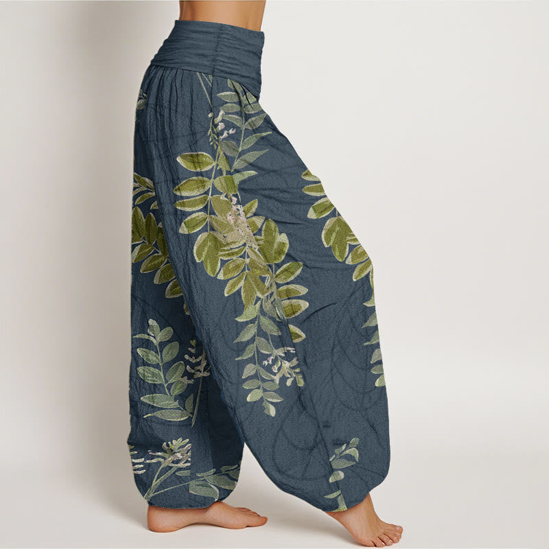 Pantaloni harem da donna in cotone con elastico in vita, motivo Buddha Stones, foglie verdi e rami
