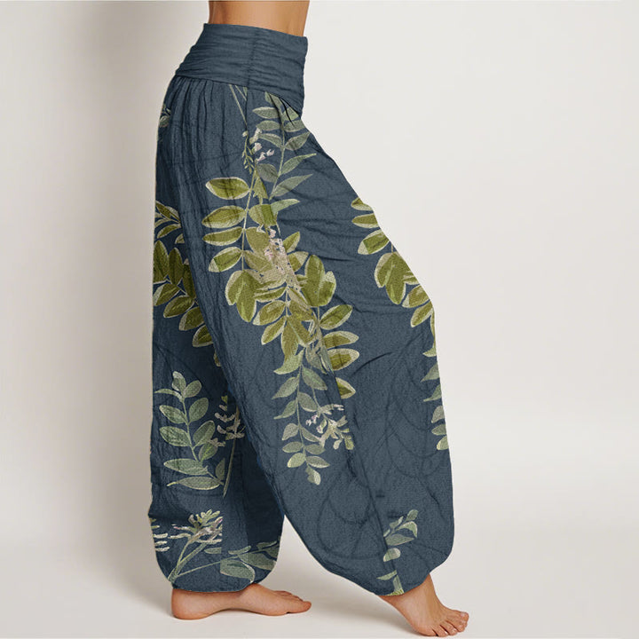 Pantaloni harem da donna in cotone con elastico in vita, motivo Buddha Stones, foglie verdi e rami