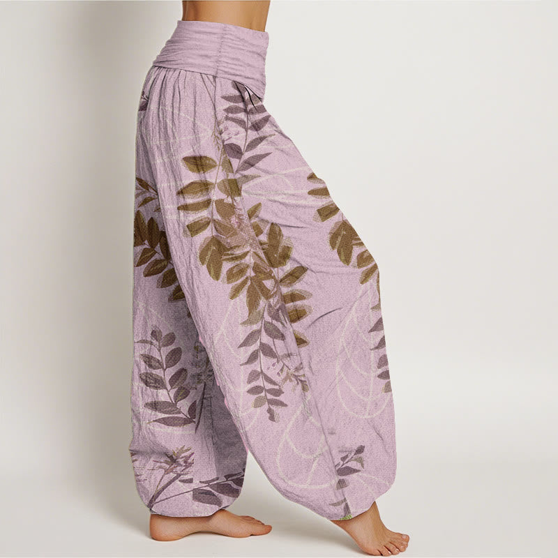 Pantaloni harem da donna in cotone con elastico in vita, motivo Buddha Stones, foglie verdi e rami