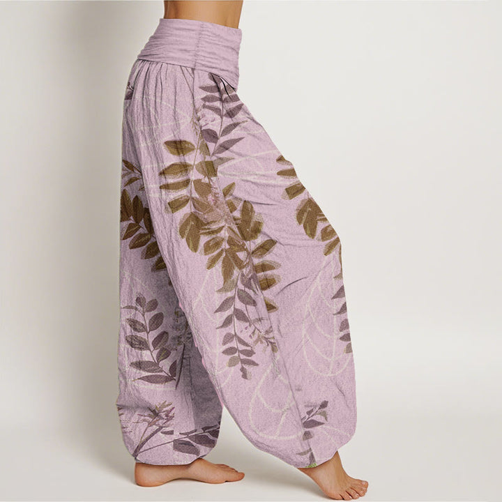 Pantaloni harem da donna in cotone con elastico in vita, motivo Buddha Stones, foglie verdi e rami