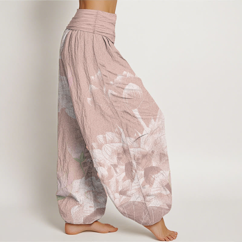 Pantaloni harem da donna con elastico in vita, in puro cotone, rosa e bianco, Buddha Stones