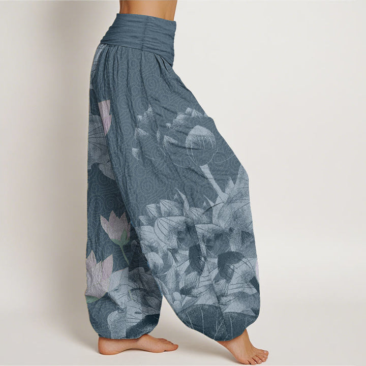Pantaloni harem da donna con elastico in vita, in puro cotone, rosa e bianco, Buddha Stones