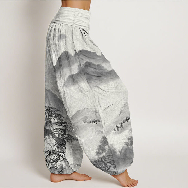Pantaloni harem da donna con elastico in vita, in puro cotone, Buddha Stones, montagne, alberi, paesaggi, dipinti a inchiostro