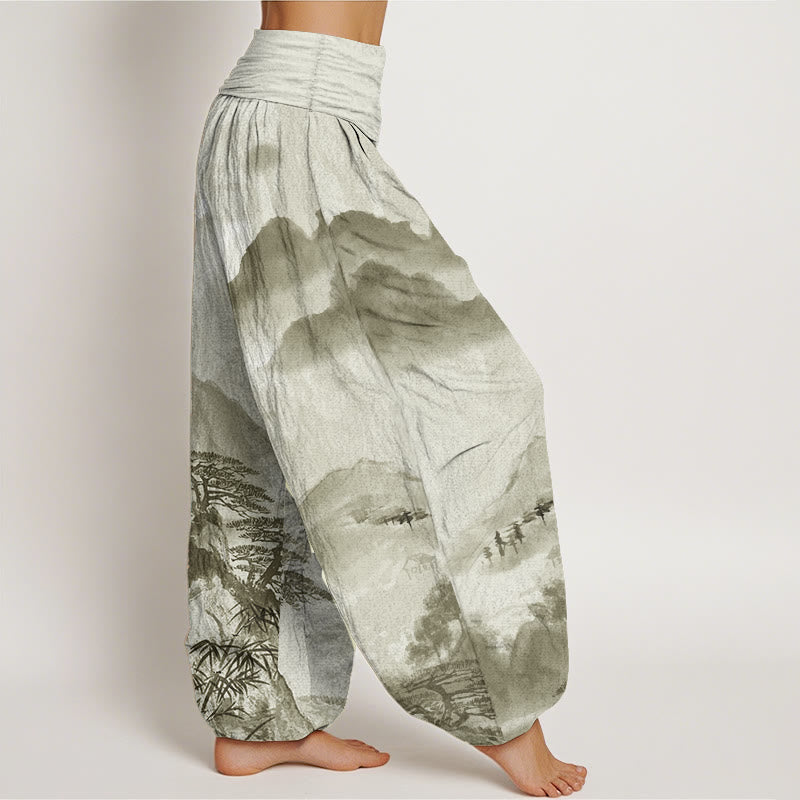 Pantaloni harem da donna con elastico in vita, in puro cotone, Buddha Stones, montagne, alberi, paesaggi, dipinti a inchiostro