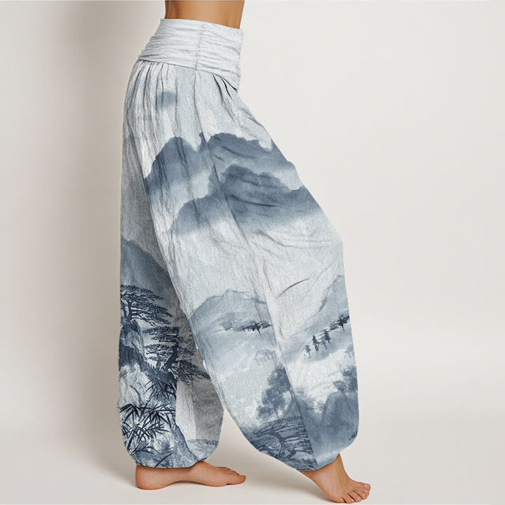 Pantaloni harem da donna con elastico in vita, in puro cotone, Buddha Stones, montagne, alberi, paesaggi, dipinti a inchiostro