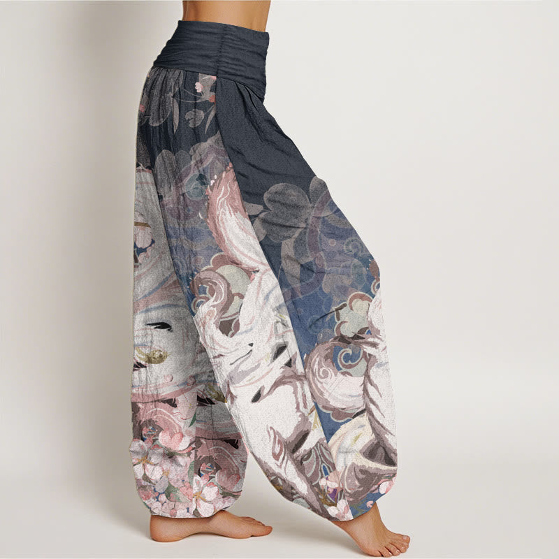Pantaloni harem da donna con elastico in vita, in puro cotone, con motivo a fiori di ciliegio e pietre Buddha Stones