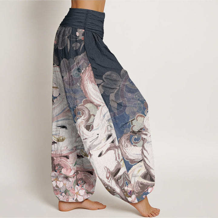 Pantaloni harem da donna con elastico in vita, in puro cotone, con motivo a fiori di ciliegio e pietre Buddha Stones