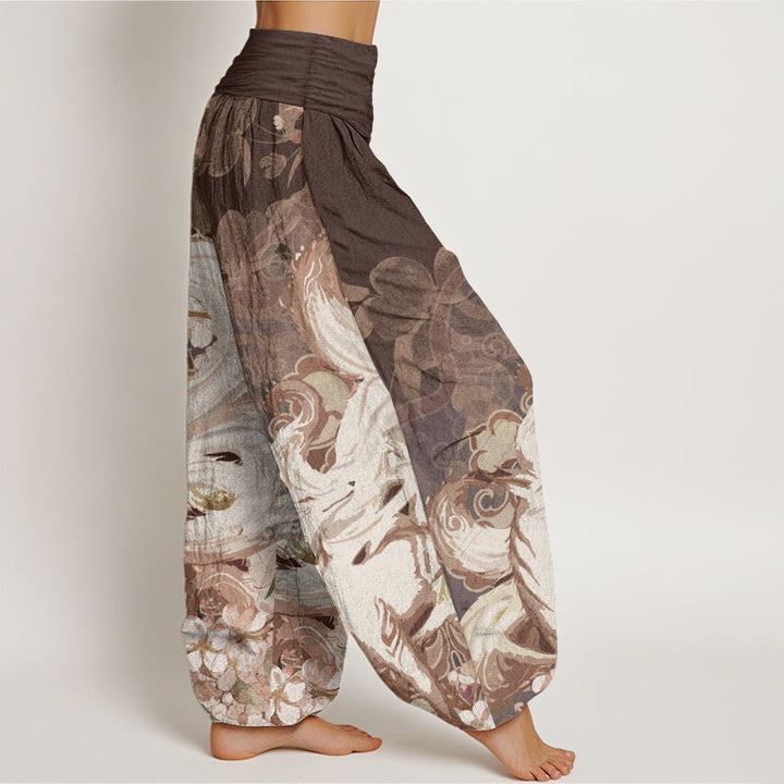 Pantaloni harem da donna con elastico in vita, in puro cotone, con motivo a fiori di ciliegio e pietre Buddha Stones