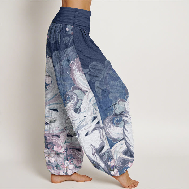 Pantaloni harem da donna con elastico in vita, in puro cotone, con motivo a fiori di ciliegio e pietre Buddha Stones