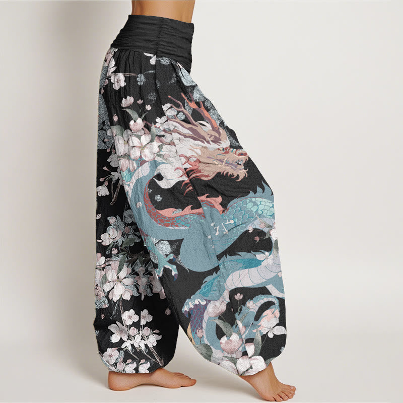Pantaloni harem da donna in cotone elasticizzato con motivo a drago e fiori di ciliegio, stile casual, Buddha Stones