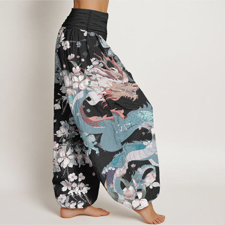 Pantaloni harem da donna in cotone elasticizzato con motivo a drago e fiori di ciliegio, stile casual, Buddha Stones - image 2