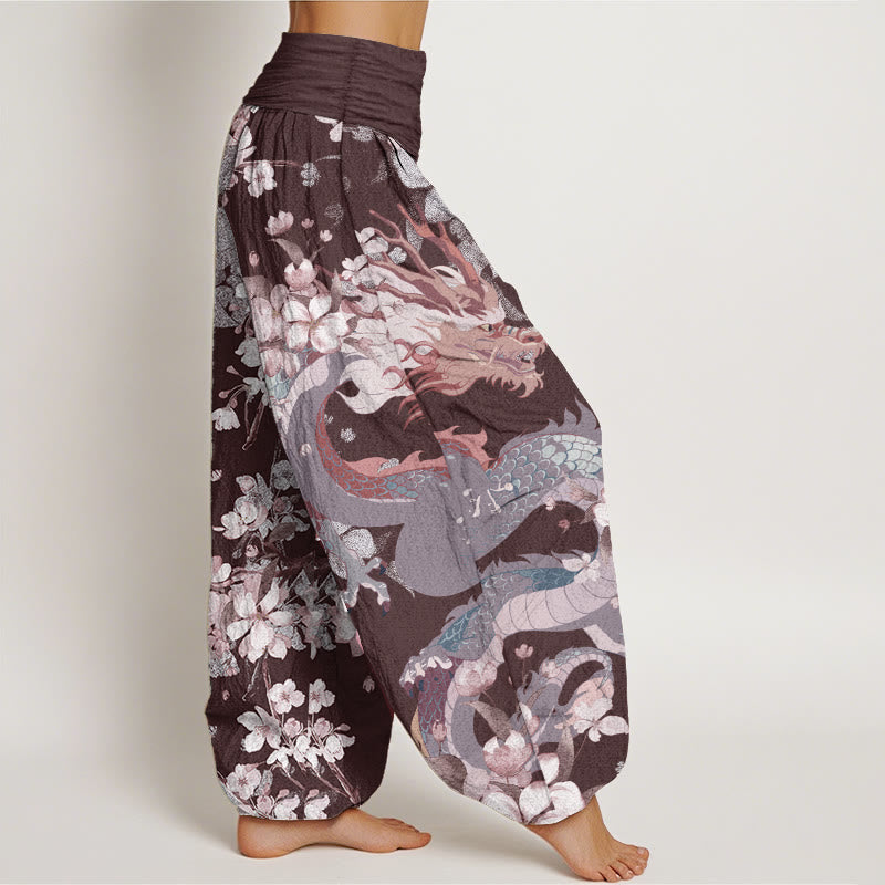 Pantaloni harem da donna in cotone elasticizzato con motivo a drago e fiori di ciliegio, stile casual, Buddha Stones