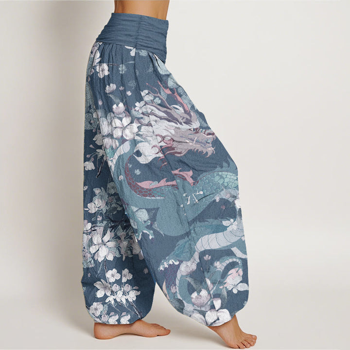 Pantaloni harem da donna in cotone elasticizzato con motivo a drago e fiori di ciliegio, stile casual, Buddha Stones