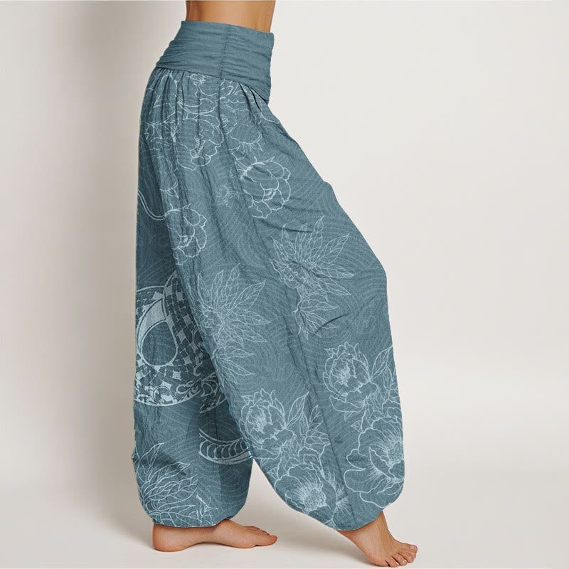 Pantaloni harem da donna in puro cotone con elastico in vita e motivo serpente e loto Buddha Stones