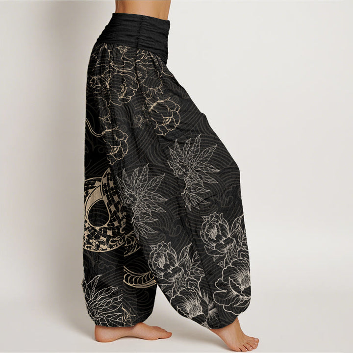Pantaloni harem da donna in puro cotone con elastico in vita e motivo serpente e loto Buddha Stones