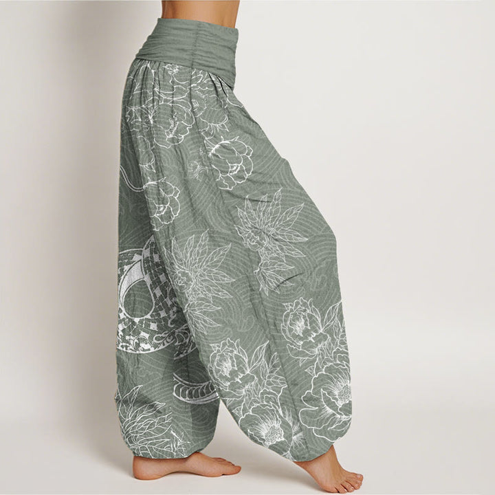Pantaloni harem da donna in puro cotone con elastico in vita e motivo serpente e loto Buddha Stones