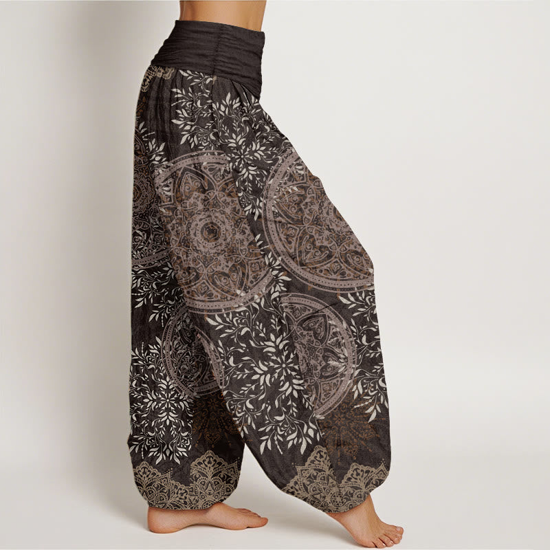 Pantaloni harem da donna con elastico in vita, in puro cotone con motivo mandala e foglie, motivo Buddha Stones