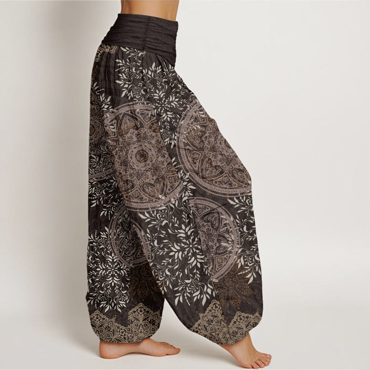 Pantaloni harem da donna con elastico in vita, in puro cotone con motivo mandala e foglie, motivo Buddha Stones