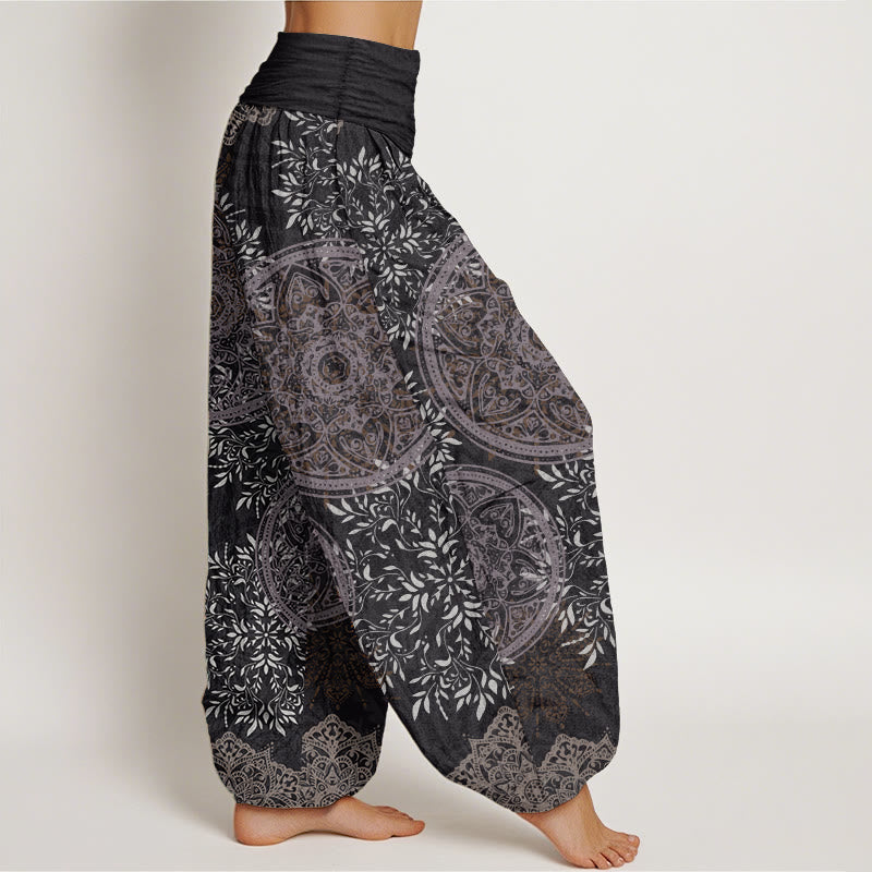 Pantaloni harem da donna con elastico in vita, in puro cotone con motivo mandala e foglie, motivo Buddha Stones