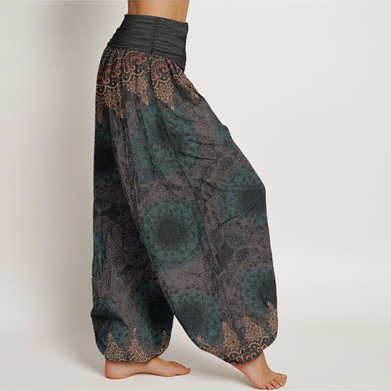 Pantaloni harem da donna in cotone elasticizzato con motivo mandala triangolare in puro cotone Buddha Stones