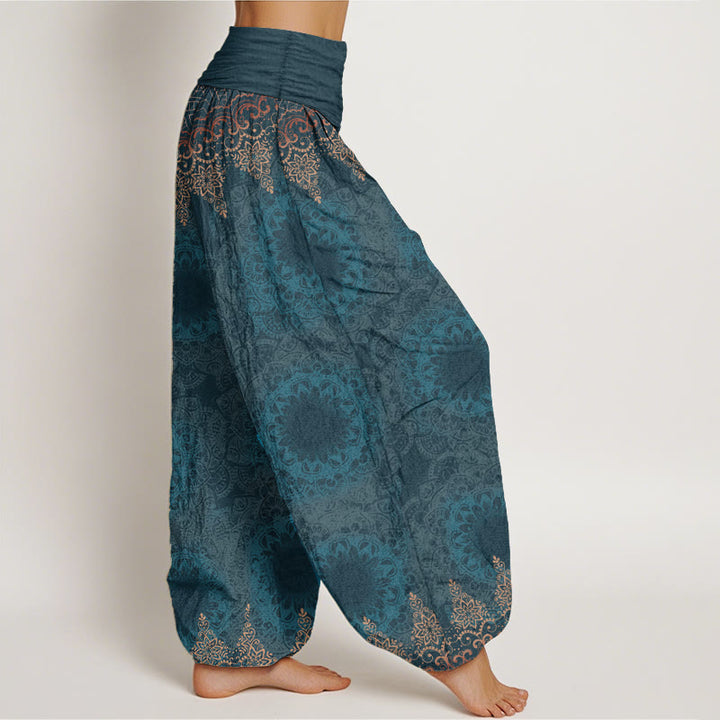 Pantaloni harem da donna in cotone elasticizzato con motivo mandala triangolare in puro cotone Buddha Stones