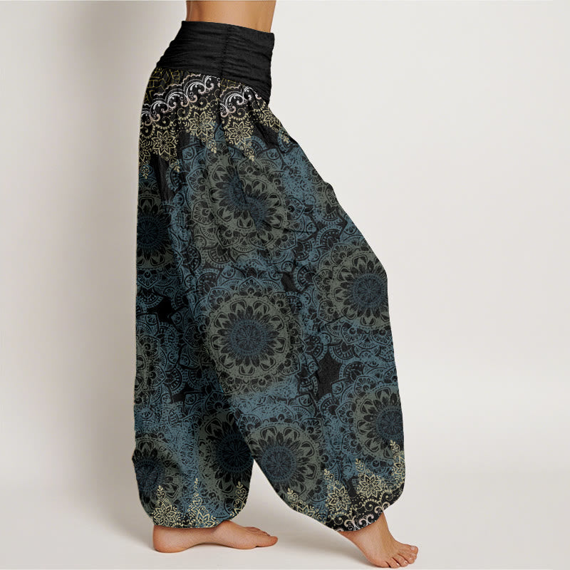 Pantaloni harem da donna in cotone elasticizzato con motivo mandala triangolare in puro cotone Buddha Stones