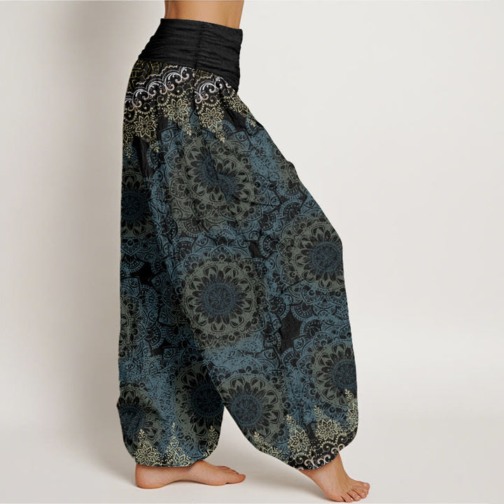 Pantaloni harem da donna in cotone elasticizzato con motivo mandala triangolare in puro cotone Buddha Stones