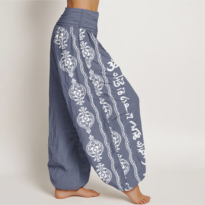 Pantaloni harem da donna con elastico in vita, in puro cotone, con motivo mandala Om Mani Padme Hum Buddha Stones
