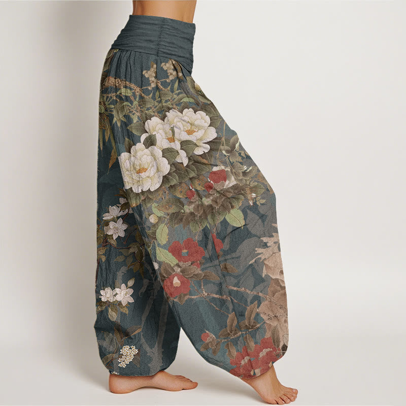 Pantaloni harem da donna con elastico in vita, in puro cotone, casual, con fiori di peonia e foglie di gazza, Buddha Stones