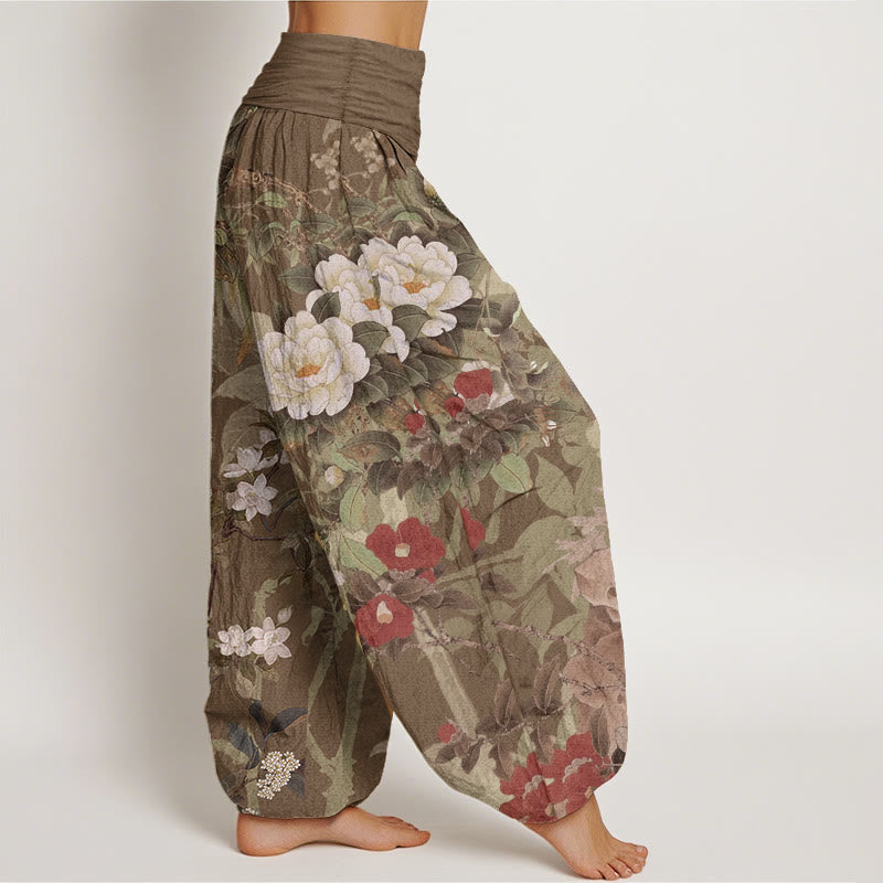 Pantaloni harem da donna con elastico in vita, in puro cotone, casual, con fiori di peonia e foglie di gazza, Buddha Stones