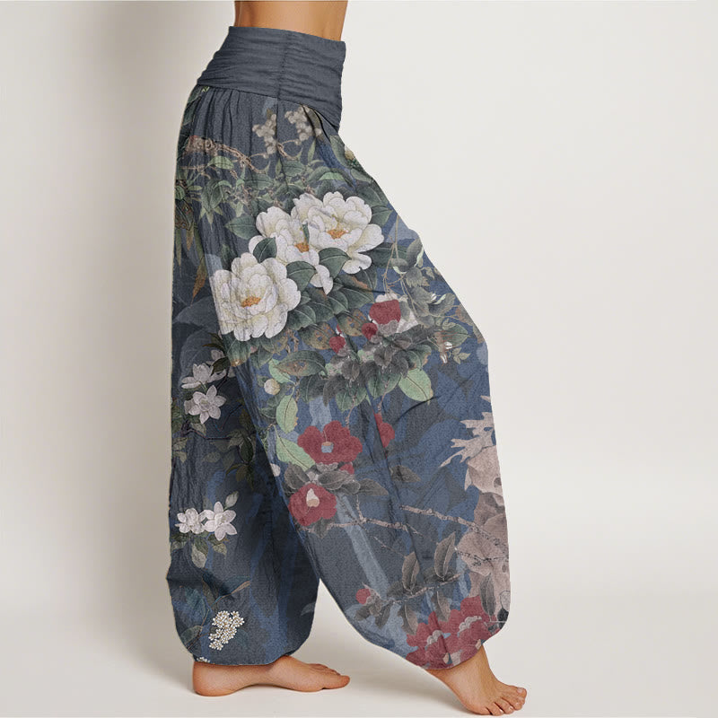 Pantaloni harem da donna con elastico in vita, in puro cotone, casual, con fiori di peonia e foglie di gazza, Buddha Stones
