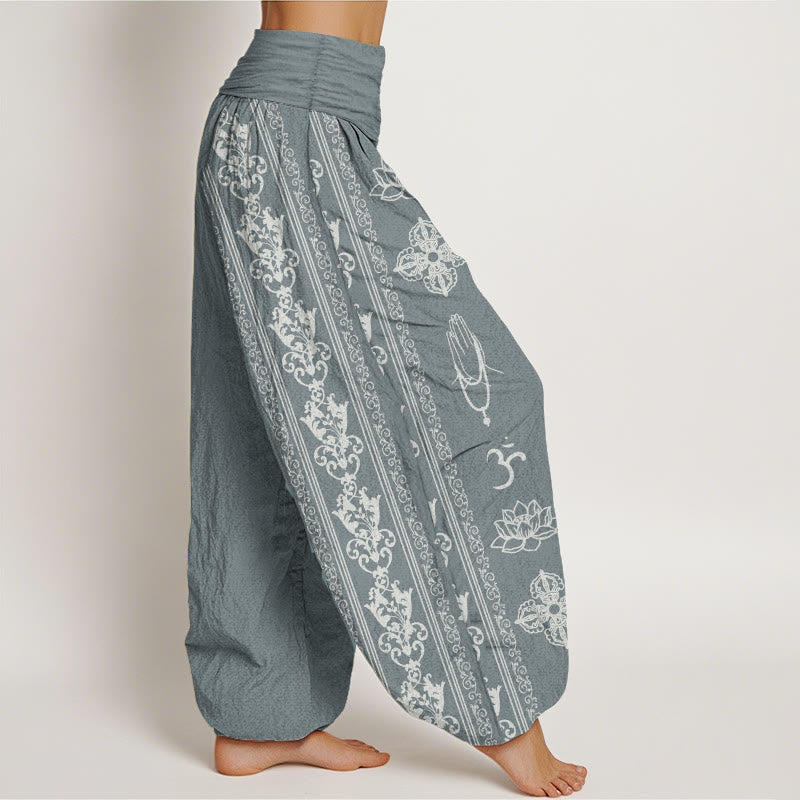 Pantaloni harem da donna con elastico in vita, in puro cotone, Buddha Stones e fiori di loto, doppio Dorje, Vajra, Namaste e Om.