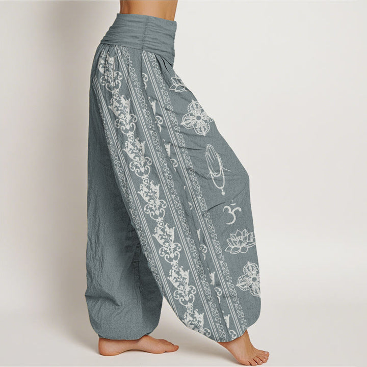 Pantaloni harem da donna con elastico in vita, in puro cotone, Buddha Stones e fiori di loto, doppio Dorje, Vajra, Namaste e Om.