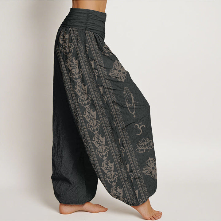 Pantaloni harem da donna con elastico in vita, in puro cotone, Buddha Stones e fiori di loto, doppio Dorje, Vajra, Namaste e Om.