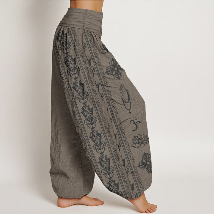 Pantaloni harem da donna con elastico in vita, in puro cotone, Buddha Stones e fiori di loto, doppio Dorje, Vajra, Namaste e Om.