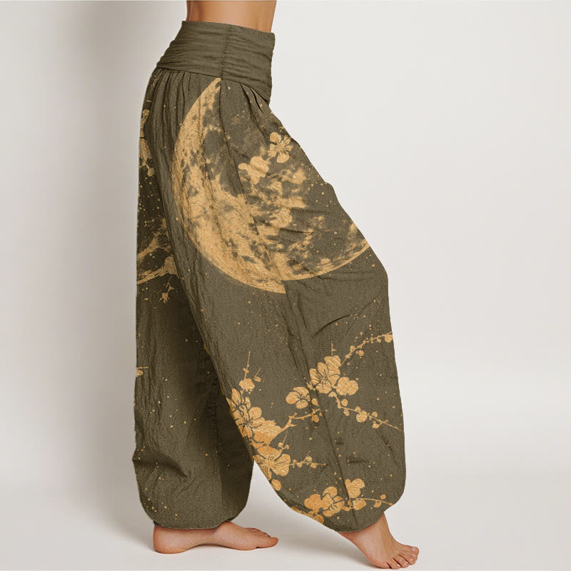 Pantaloni harem da donna con elastico in vita, in puro cotone, con motivo a luna piena e fiori di prugna dorati, motivo Buddha Stones