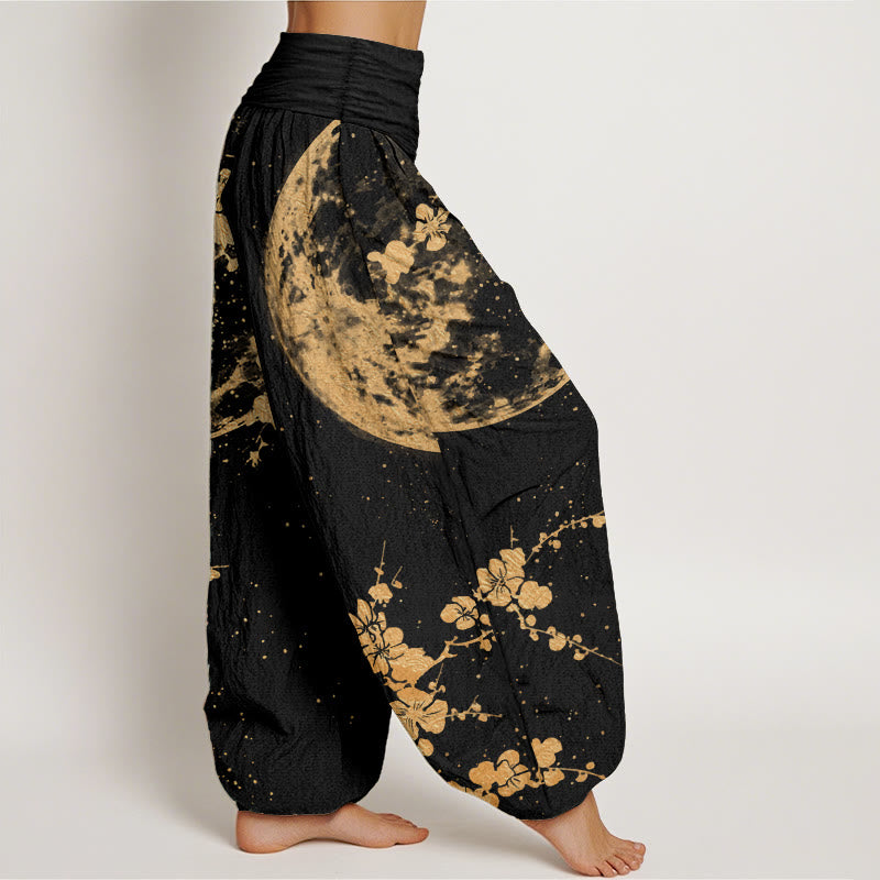 Pantaloni harem da donna con elastico in vita, in puro cotone, con motivo a luna piena e fiori di prugna dorati, motivo Buddha Stones