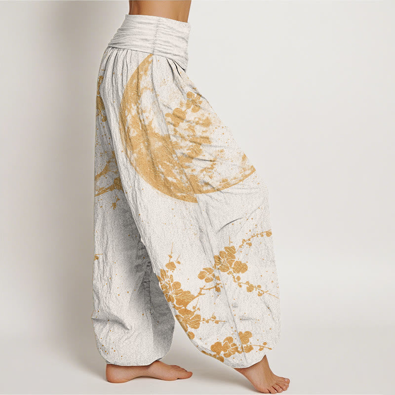 Pantaloni harem da donna con elastico in vita, in puro cotone, con motivo a luna piena e fiori di prugna dorati, motivo Buddha Stones