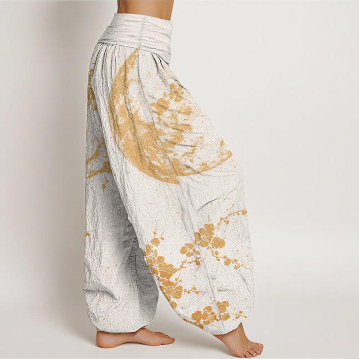 Pantaloni harem da donna con elastico in vita, in puro cotone, con motivo a luna piena e fiori di prugna dorati, motivo Buddha Stones