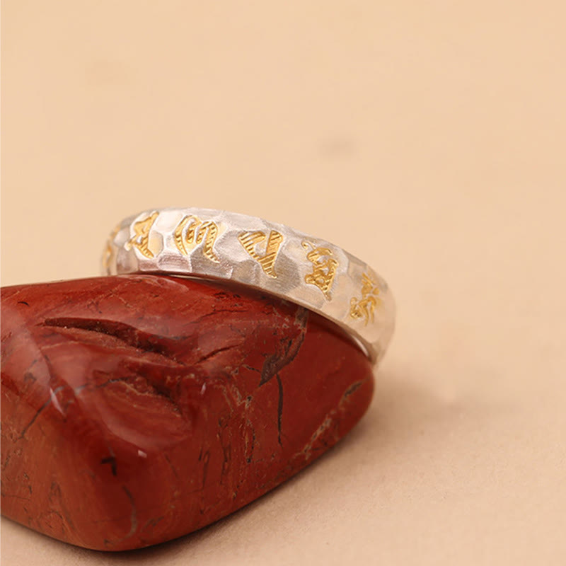 Anello della ricchezza in argento placcato rame con motivo a martello Buddha Stones Om Mani Padme Hum - image 14