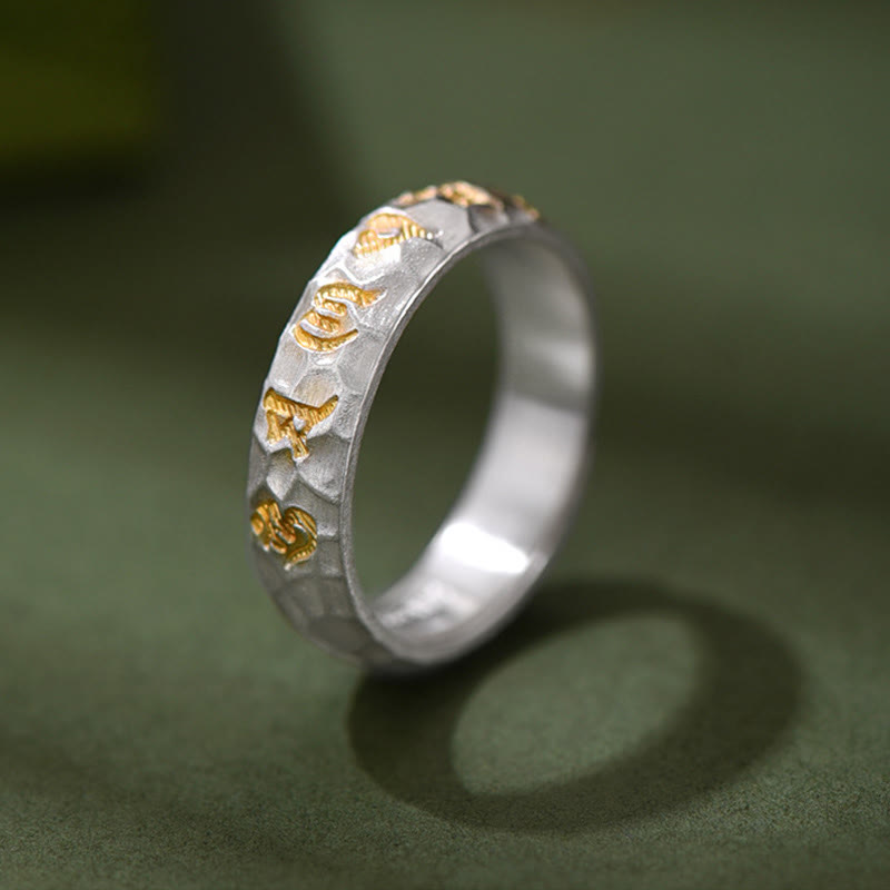 Anello della ricchezza in argento placcato rame con motivo a martello Buddha Stones Om Mani Padme Hum - image 2