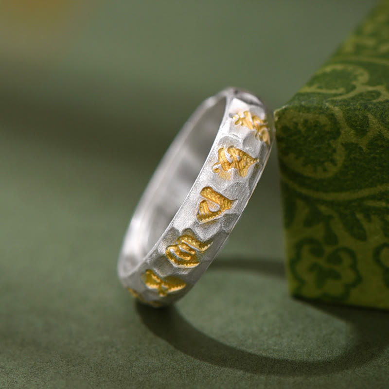 Anello della ricchezza in argento placcato rame con motivo a martello Buddha Stones Om Mani Padme Hum - image 11