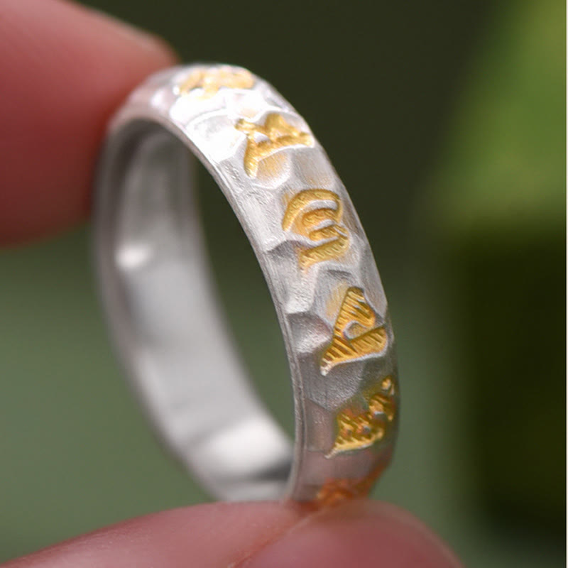 Anello della ricchezza in argento placcato rame con motivo a martello Buddha Stones Om Mani Padme Hum - image 9