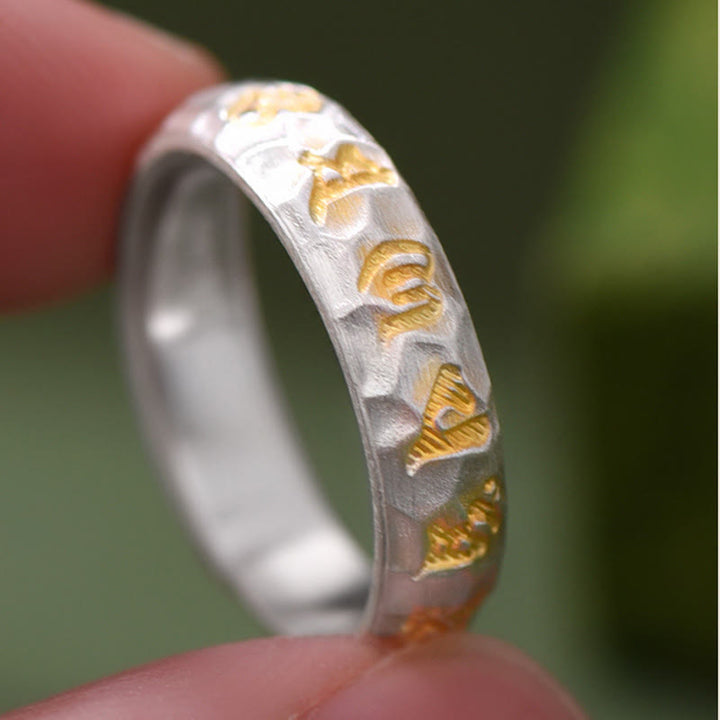 Anello della ricchezza in argento placcato rame con motivo a martello Buddha Stones Om Mani Padme Hum - image 9