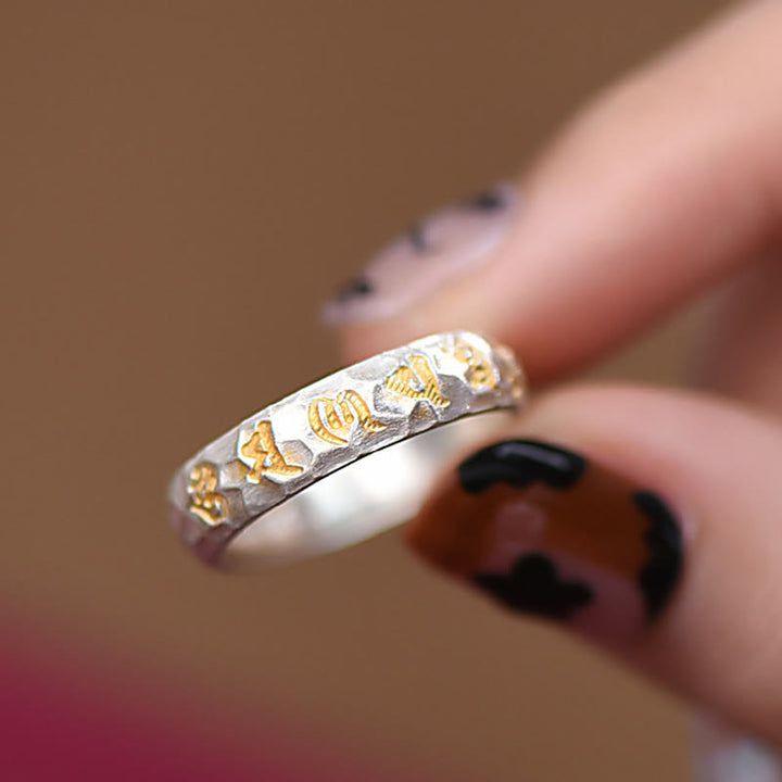 Anello dell'equilibrio Om Mani Padme Hum con motivo a martello in argento sterling 999 Buddha Stones - image 10